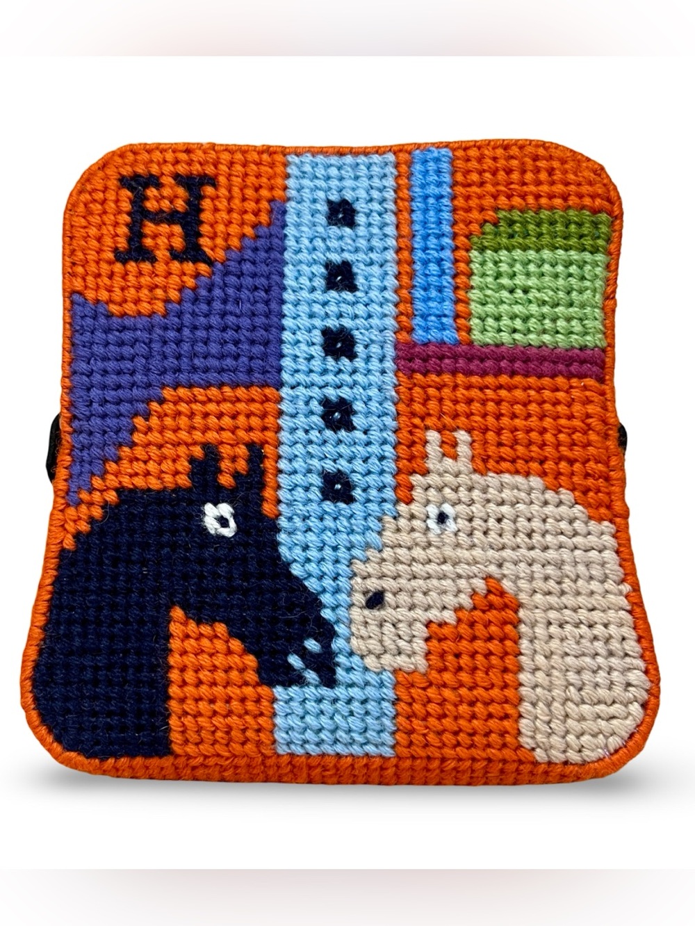 Needlepoint Mini Baguette Bag Equestrian Theme Clutch with Silver Chain Strap